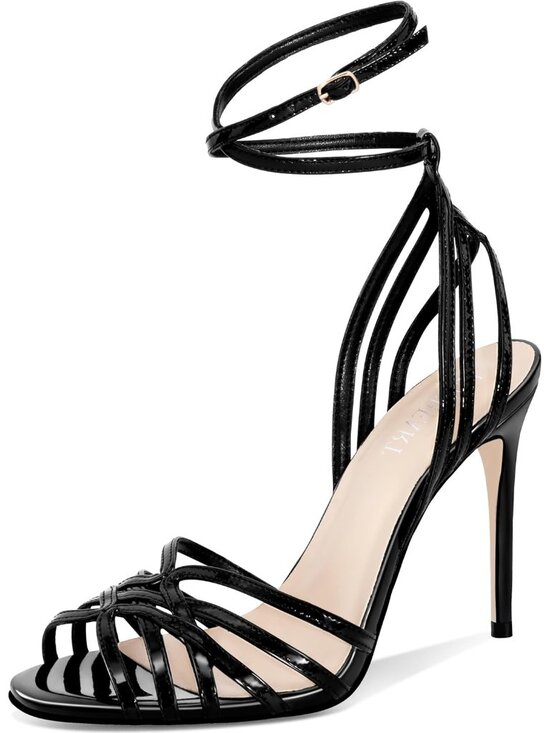 Shoes - Women's Black Strappy Lace up Slingback Stiletto Heeled Open Square Toe Shoes